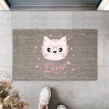 Dijital Baskı Gri Love Yazılı Pembe Gözlüklü Kedi Dekoratif Kapı Paspası K-2049