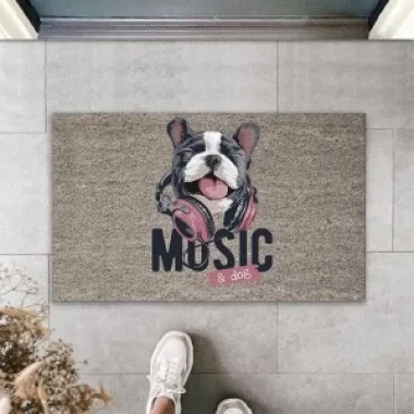 Dijital Baskı Gri Music Yazılı Kulaklıklı Köpek Dekoratif Kapı Paspası K-2043