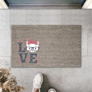 Dijital Baskı Gri Puantiyeli Love Yazılı Gözlüklü Beyaz Kedi Dekoratif Kapı Paspası K-2025