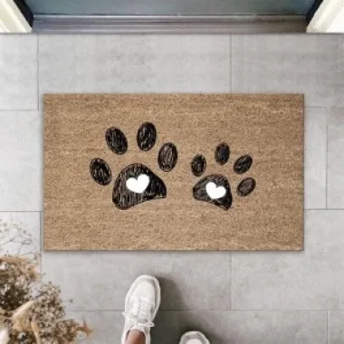 Dijital Baskı Kahverengi Çift Kalpli Patili Dekoratif Kapı Paspası K-2030