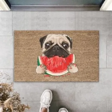 Dijital Baskı Kahverengi Dilim Karpuz Yiyen Köpek Dekoratif Kapı Paspası K-2032