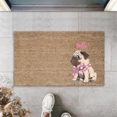 Dijital Baskı Kahverengi Hello Yazılı Pembe Fiyonklu Köpek Dekoratif Kapı Paspası K-2069