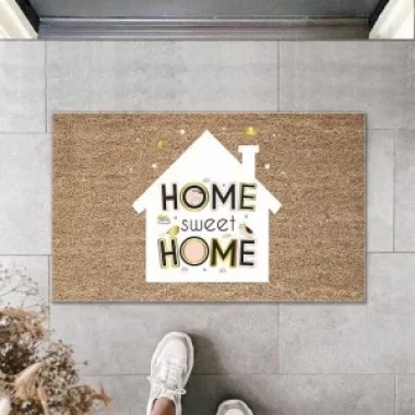 Dijital Baskı Kahverengi Home Sweet Home Yazılı Beyaz Ev Dekoratif Kapı Paspası K-2006