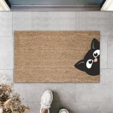 Dijital Baskı Kahverengi Kenardan Bakan Kara Kedi Dekoratif Kapı Paspası K-2018