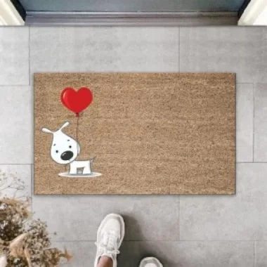 Dijital Baskı Kahverengi Kırmızı Balonlu Beyaz Köpek Dekoratif Kapı Paspası K-2014