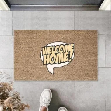 Dijital Baskı Kahverengi Konuşma Balonu İçinde Welcome Home Dekoratif Kapı Paspası K-2005