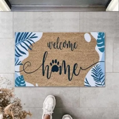 Dijital Baskı Kahverengi Mavi Yapraklı Welcome Home Dekoratif Kapı Paspası K-2007