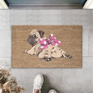 Dijital Baskı Kahverengi Pembe Fiyonklu Yüzüstü Yatan Köpek Dekoratif Kapı Paspası K-2036