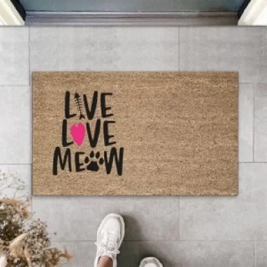 Dijital Baskı Kahverengi Pembe Kalpli Kılçıklı Love Meow Dekoratif Kapı Paspası K-2046