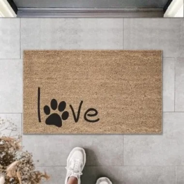 Dijital Baskı Kahverengi Siyah Patili Love Dekoratif Kapı Paspası K-2009