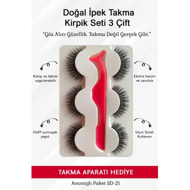 Doğal İpek Takma Kirpik 3 Çift + Kirpik Takma Aparatı 3d-21