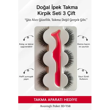 Doğal İpek Takma Kirpik 3 Çift + Kirpik Takma Aparatı 3d-32