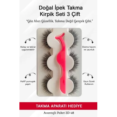 Doğal İpek Takma Kirpik 3 Çift + Kirpik Takma Aparatı 3d-48