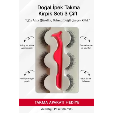 Doğal İpek Takma Kirpik 3 Çift + Kirpik Takma Aparatı 3d-y05