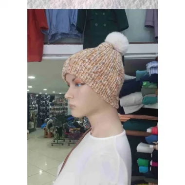 El Örgüsü Doğal Yün Ve Akrilik Karışımlı Sıcacık Kış Beresi Açık Kahve Karışımlı Renk