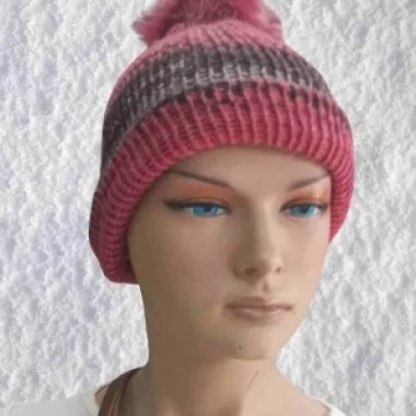 El Örgüsü Doğal Yün Ve Akrilik Karışımlı Sıcacık Kış Beresi Koyu Pembe Karışık