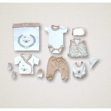 Erguvan Taç Nakışlı %100 Cotton Antibakteriyel Kız Bebek 10lu Zıbın Takımı Hastane Çıkışı