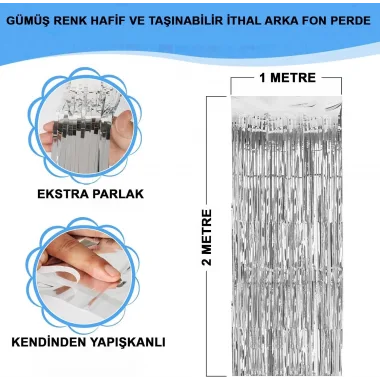 Gümüş Renk Ekstra Metalize Parlak Saçaklı Arka Fon Perde İthal A Kalite 1x2 Metre