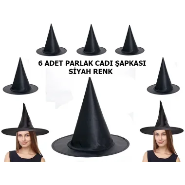 Halloween Siyah Renk Parlak Dralon Cadı Şapkası Yetişkin Ve Çocuk Uyumlu 6 Adet