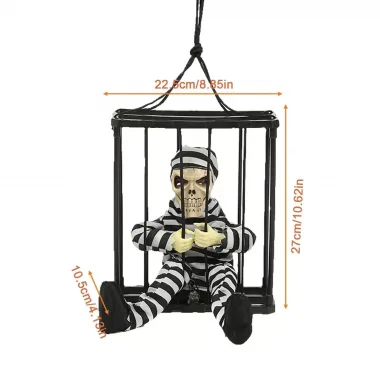 Hareketli Sesli Sensörlü Mahkum Görünümlü Kuru Kafa İskelet Dekorasyon 22x27 Cm