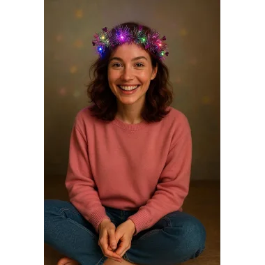 Kalp Püsküllü Gece Parıltısı 3 Modlu Led39li Işıklı Taç Fuşya Renk