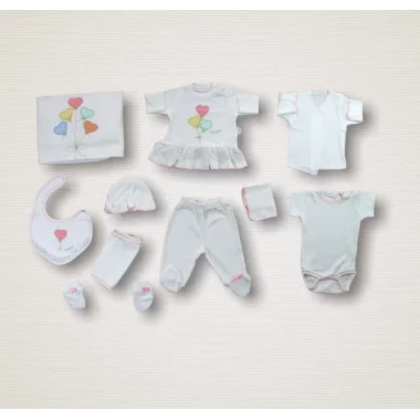 Kalpli Uçan Balon Nakışlı %100 Cotton Antibakteriyel 10lu Zıbın Takımı Hastane Çıkışı