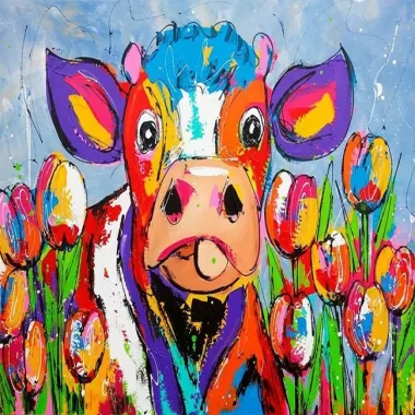 Kanvas Sayılarla Boyama Seti Kasnaklı-çerçeveli Sevimli İnek Ve Çiçekler