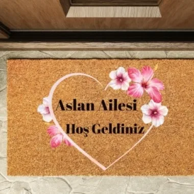 Kapı Önü Paspası Kişiye Özel Yazı Yazılır Koko Model Kalp Çiçek Desenli Pk-1515