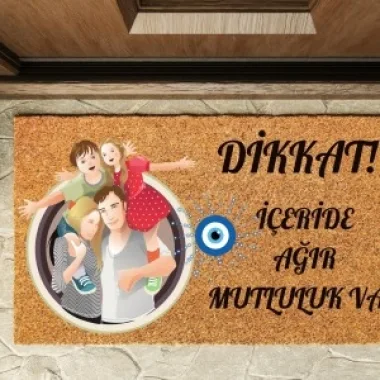 Kapı Önü Paspası Özel Tasarım Koko Model Dikkat İçeride Ağır Mutluluk Var Pk-1530