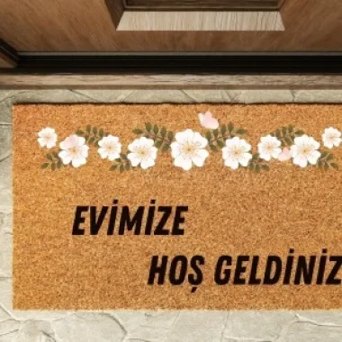 Kapı Önü Paspası Özel Tasarım Koko Model Evimize Hoşgeldiniz Çiçek Şeritli Pk-1534