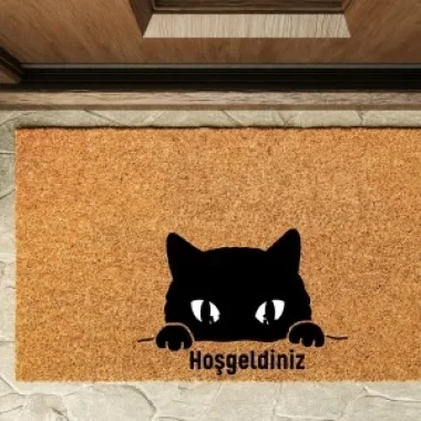Kapı Önü Paspası Özel Tasarım Koko Model Siyah Kedi Hoşgeldiniz Pk-1555