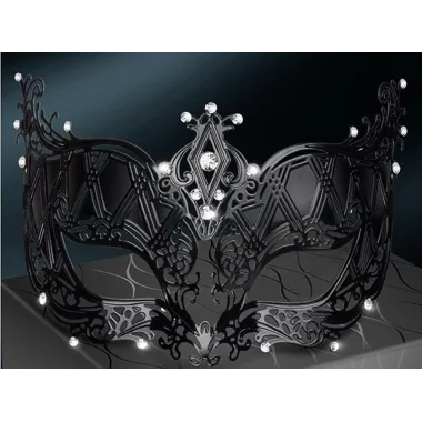 Kristal Gümüş Taşlı Siyah Renk Lazer Kesim Metal Lüks Maske Balo Parti