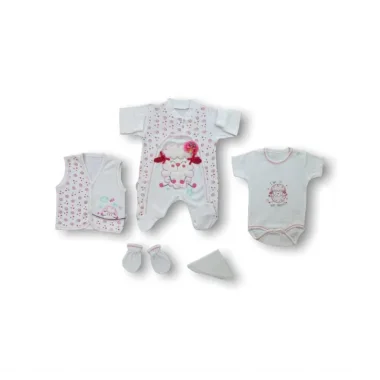 Kuzucuk Nakışlı %100 Cotton Antibakteriyel 5li Zıbın Takımı Hastane Çıkışı