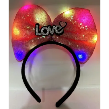 Led Işıklı 3 Farklı Fonksiyonda Yanan Gümüş Love Yazılı Fuşya Pembe Fiyonk Taç 20x17 Cm