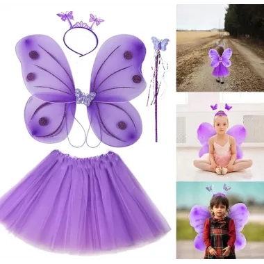 Lila Mor Kelebek Kostümü - Lila Mor Kelebek Kostüm Aksesuar Seti 4 Parça