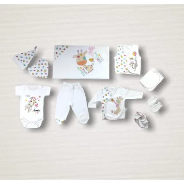 Love Zürafa Nakışlı %100 Cotton Antibakteriyel 10lu Zıbın Takımı Hastane Çıkışı