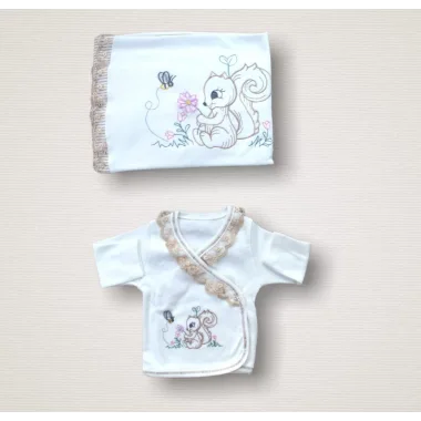 Minik Sincap Nakışlı %100 Cotton Antibakteriyel 10lu Zıbın Takımı Hastane Çıkışı