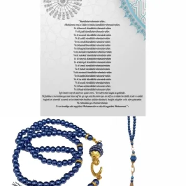 Namaz Tesbihi Vavlı 99lu Cam İncili 35 Besmele-i Şerif Dua Kartı İle Lacivert Renk Hediyelik