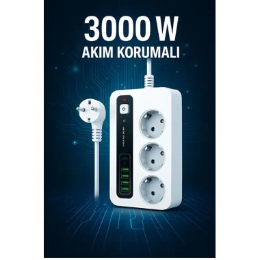 P10 3x Priz 3000w Akım Korumalı 4x Usb 2x Type-c Girişli Çoklu Priz