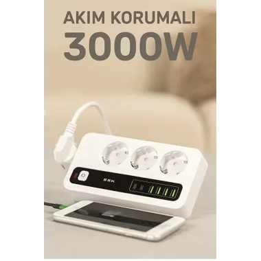 P10 3x Priz 3000w Akım Korumalı 4x Usb 2x Type-c Girişli Çoklu Priz