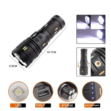 Pro F-3001 Alüminyum Tg Led Güç Göstergeli Type-c Şarjlı El Feneri 100 W