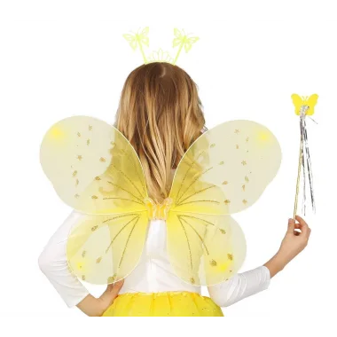 Sarı Kelebek Erkek-kız Seti – 50 Cm Kelebek Kanadı, Taç Ve Asa