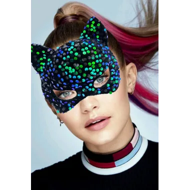 Siyah Kadife Kumaş Üzerine Mavi Yeşil Payetli Pullu Parti Maskesi 16x14 Cm