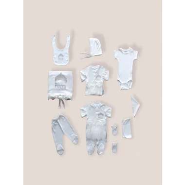 Taçlı Prensesim Nakışlı %100 Cotton Antibakteriyel 10lu Zıbın Takımı Hastane Çıkışı