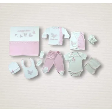 Uçan Kelebekler Nakışlı %100 Cotton Antibakteriyel 10lu Zıbın Takımı Hastane Çıkışı