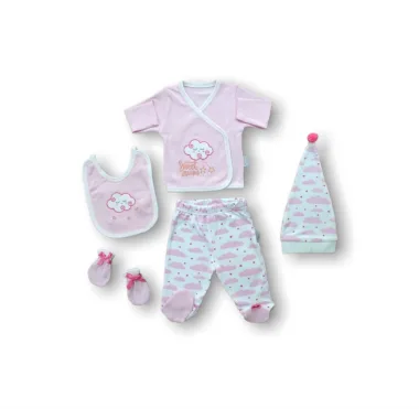 Uykucu Bulut Nakışlı %100 Cotton Antibakteriyel 5li Zıbın Takımı Hastane Çıkışı