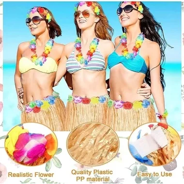 Yetişkin Ve Çocuk Uyumlu Saman Renk Hawaii Luau Hula Etek 40 Cm 12 Adet