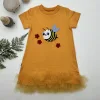 1-2-3 Yaş Arıcık Nakışlı Eteği Fırfırlı Jile Kız Çocuk Elbisesi