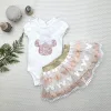 1-2-3 Yaş Payetli Mickey Nakışlı Kısa Kollu Brode Etekli 2li Kız Bebek Takımı