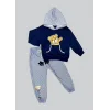 2-3-4 Yaş Pelüş Ayı Desenli Kapşonlu Uzun Kollu Penye Sweat 2li Erkek Çocuk Takımı